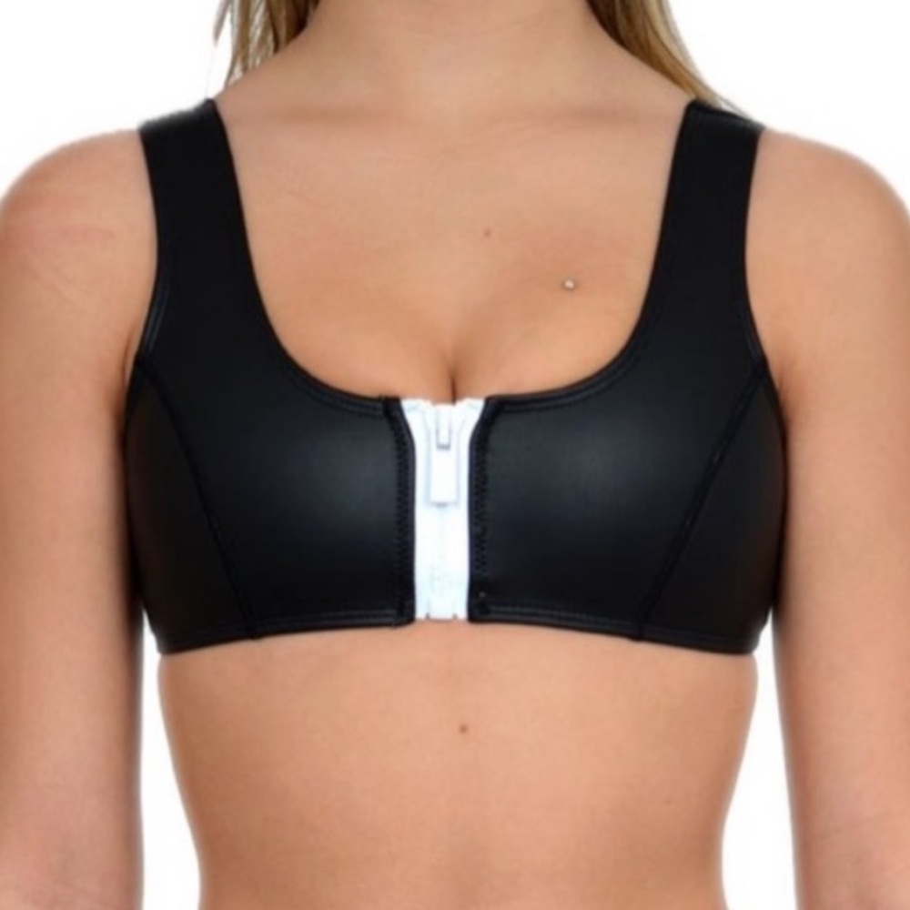 HOAKA SWIMWEAR Black Neoprene Zip Front Vacation Beach Swim Top Size S+/P+